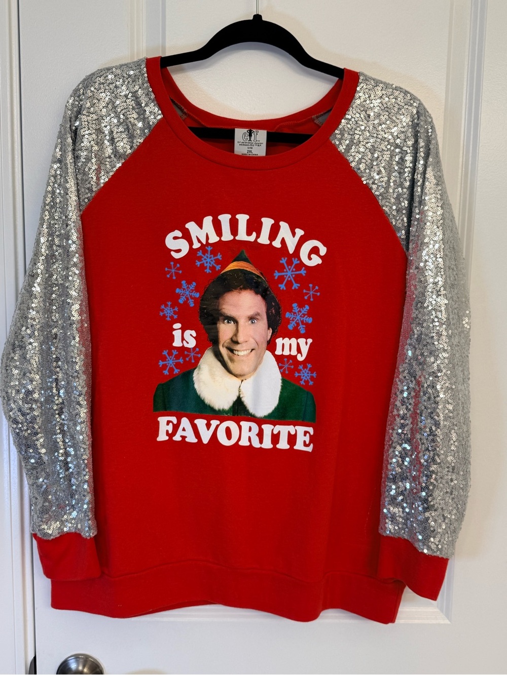 Elf Buddy Smiling is My Favorite Christmas Sweatshirt 2XL Red Silver Sequin